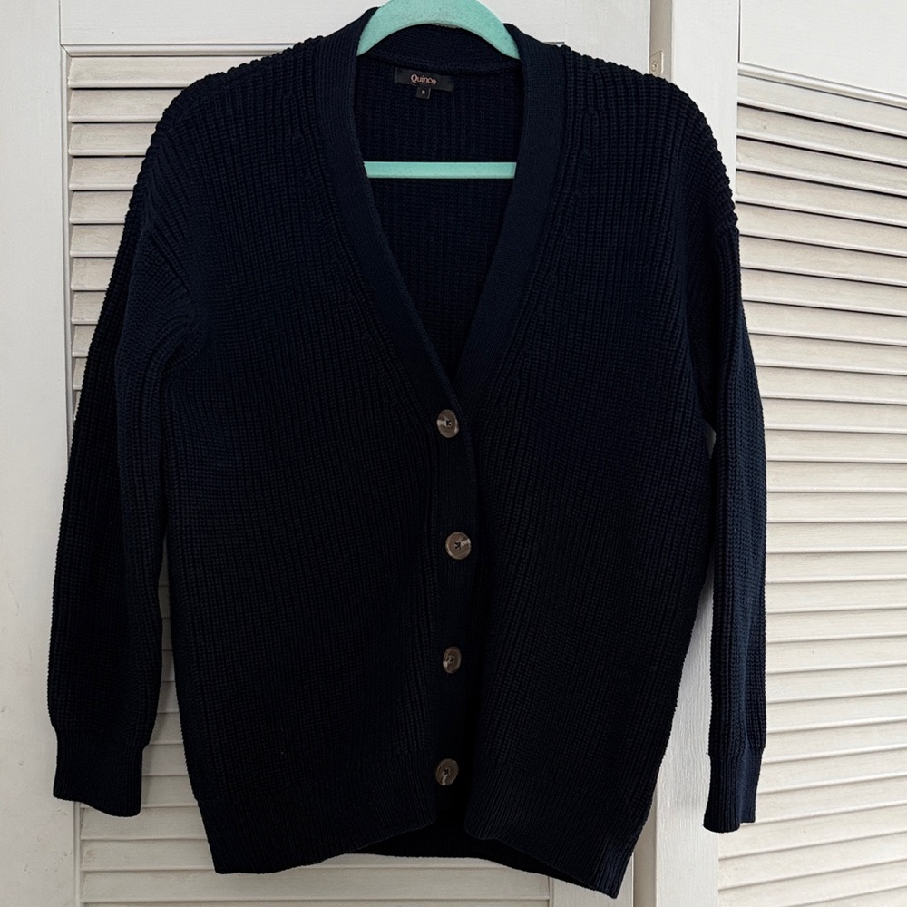 Quince Navy Ribbed Button-Front Cotton Cardigan Small